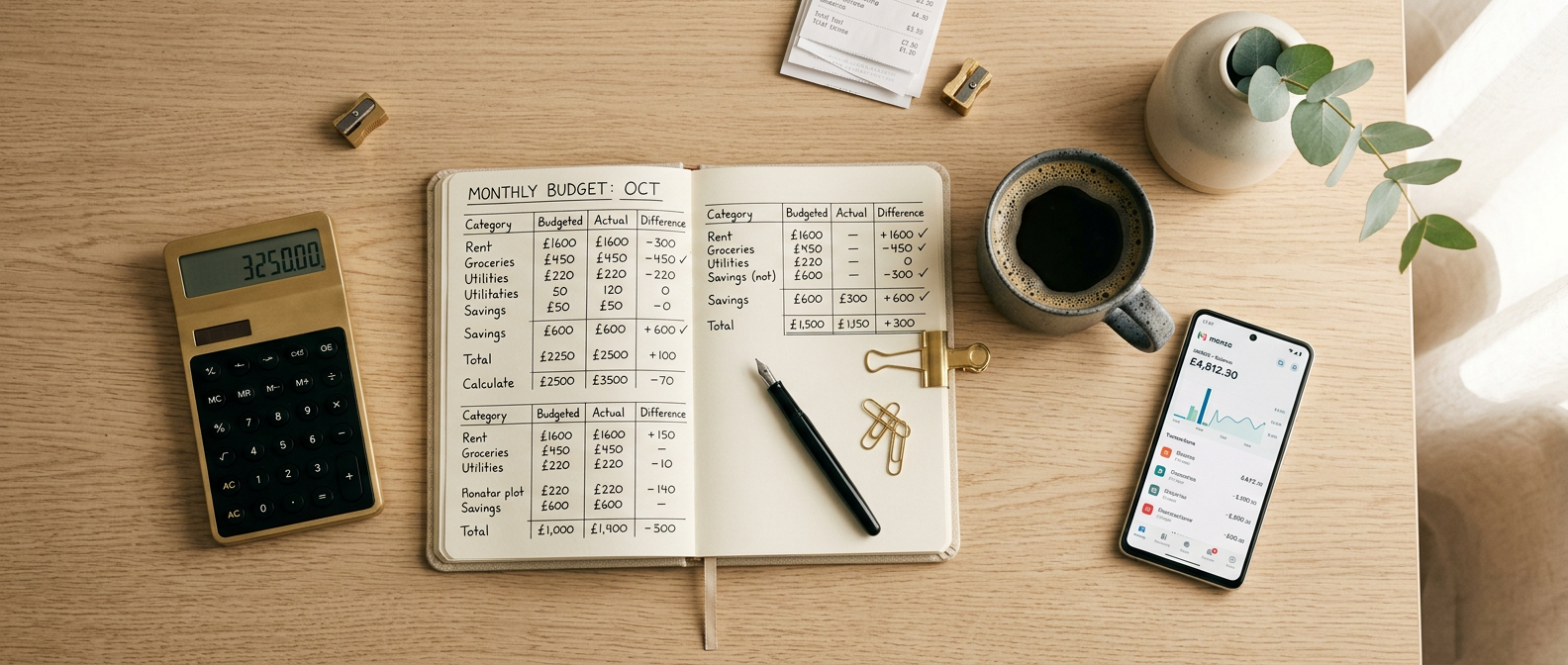 Flat-lay perencanaan budget bulanan dengan kalkulator dan notebook