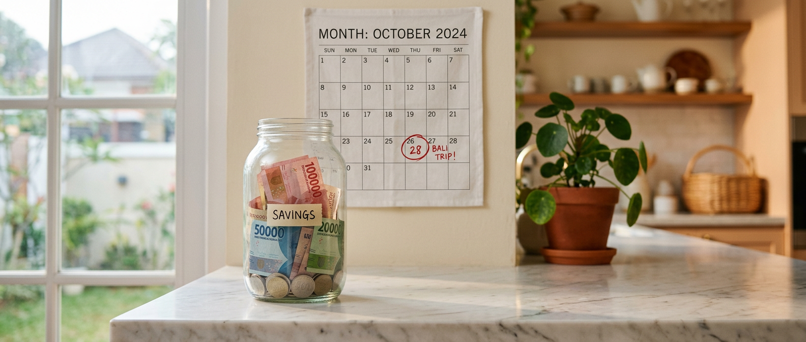 Toples nabung DP dengan rupiah dan kalender bertanggal
