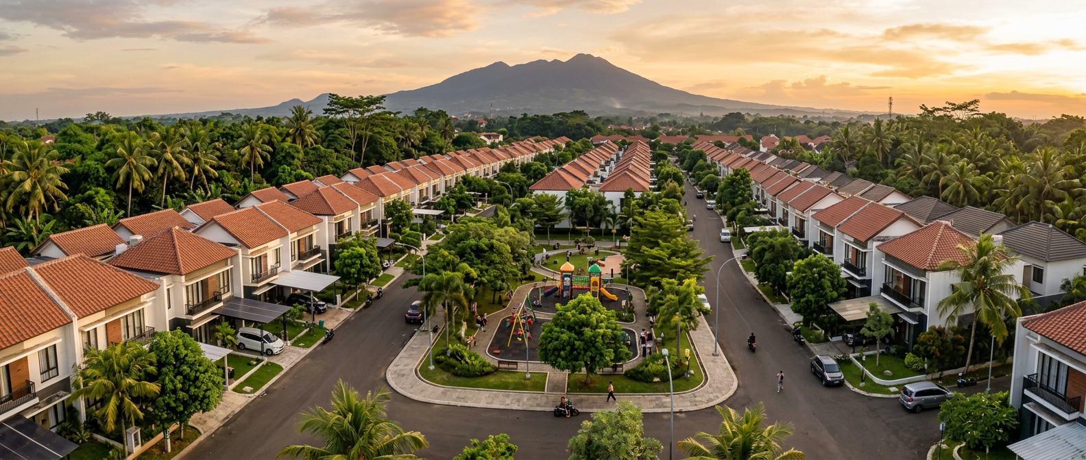 Aerial view cluster perumahan modern di Jabodetabek saat golden hour