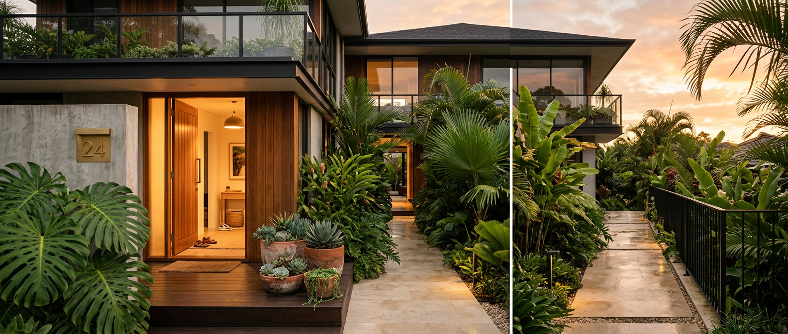 Pintu masuk rumah modern dengan tanaman tropis saat golden hour