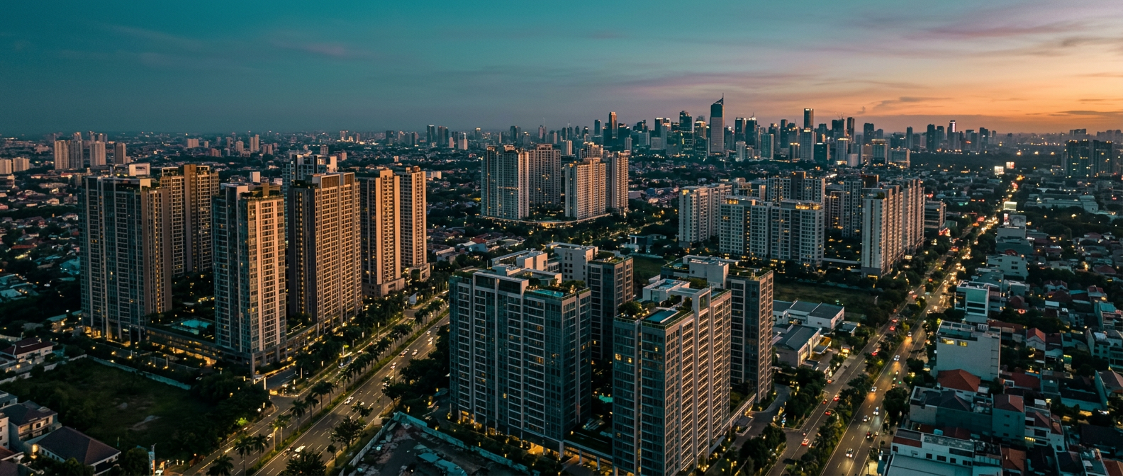 Aerial view multiple residential apartment districts Jakarta saat dusk transition